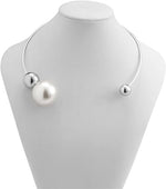El Regalo Vintage Punk Big Imitation-Pearl CCB Bead Torques Coller Choker Open Necklace for Girls & Women (Silver)