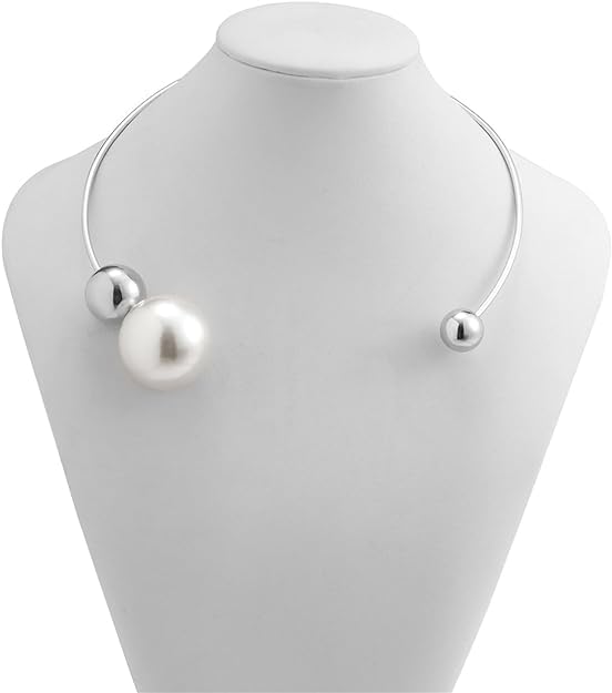 El Regalo Vintage Punk Big Imitation-Pearl CCB Bead Torques Coller Choker Open Necklace for Girls & Women (Silver)