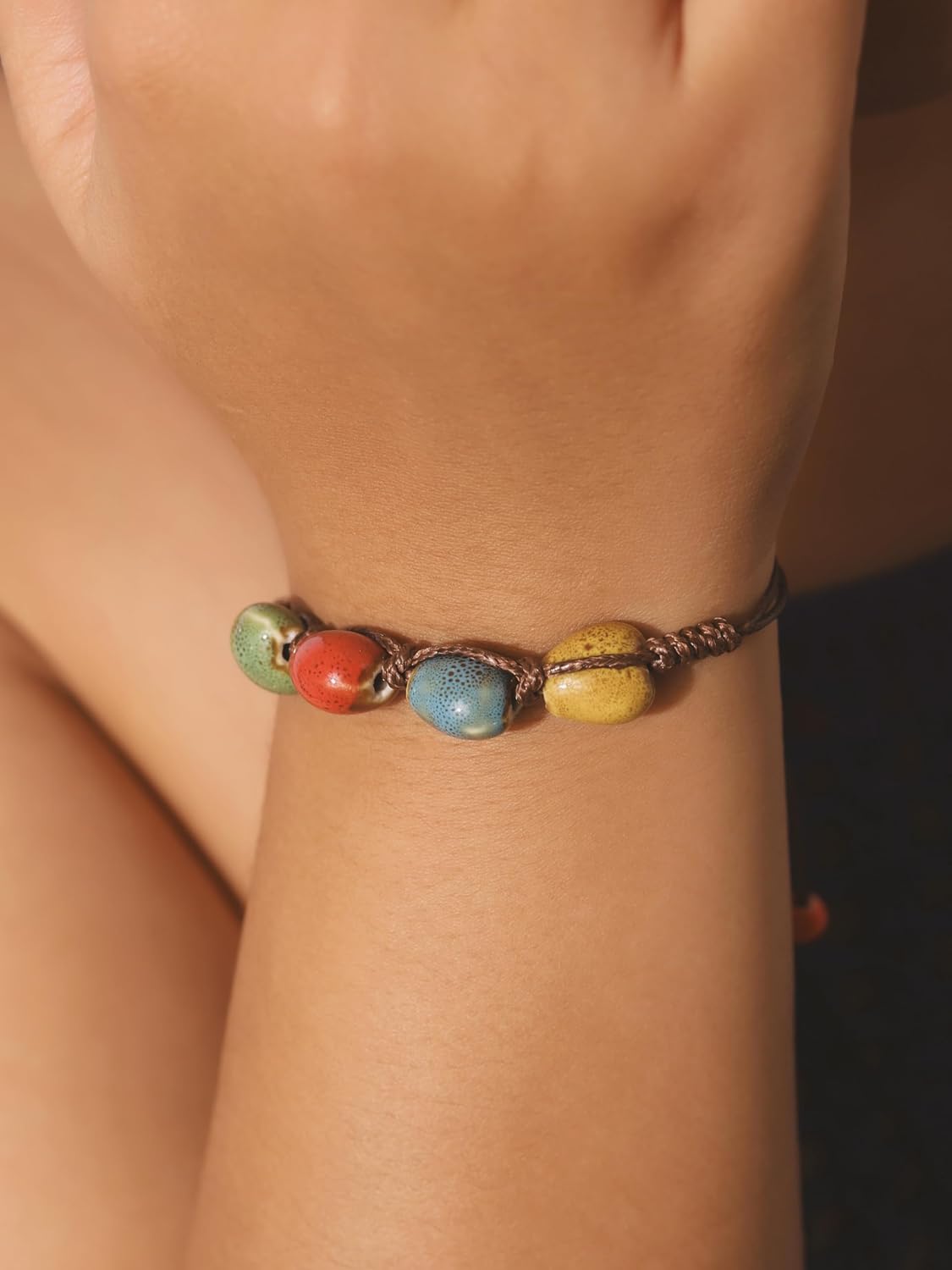 MINACHI Bohemian Colorful Ceramic Bead Adjustable Leather Bracelet, Boho Hippie Summer Jewelry Gift for Women (1), Adjustable, Ceramic, no gemstone