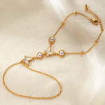 El Regalo 1PC Stainless Steel Non-Tarnish Hand Chain Bracelet with Finger Ring | Elegant & Trendy Adjustable Golden Bracelet for Women & Girls (Buterfly Pearl)
