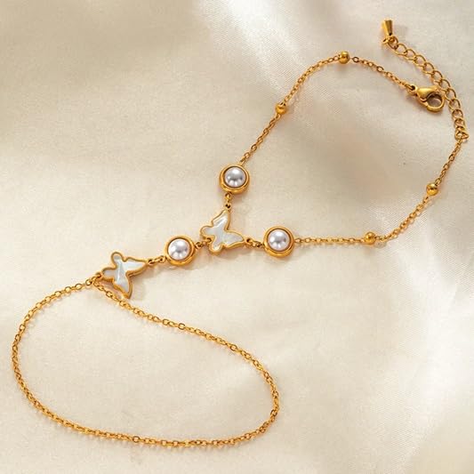 El Regalo 1PC Stainless Steel Non-Tarnish Hand Chain Bracelet with Finger Ring | Elegant & Trendy Adjustable Golden Bracelet for Women & Girls (Buterfly Pearl)