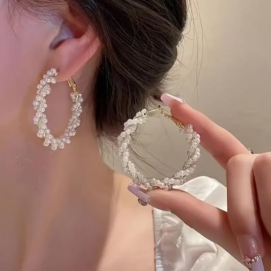 El Regalo Retro Elegant Double Row Imitation Pearl Oval Hoop Earrings for Women - Fashion Pearl Double Layer Ear Buckle Hoops (Pig Pearls Hoop Earrings)