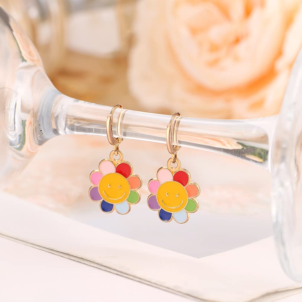 El Regalo 1 Pair Enamel Flowers, Rainbow Cloud, Heart Hypoallergenic Dangle Hoop Earrings for Girls/Teens/Women (Sunflower Earrings)