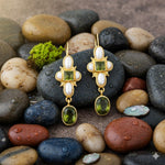 El Regalo Vintage Green Drop Earrings with Imitation Pearl Accents for Women - Antique Boho Gold Dangle Earrings with Beveled Green Crystal & Pearly White Wild Pearls | Elegant Party & Festive Jewelry
