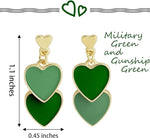 El Regalo 1 Pair Double Love Heart Drop Earrings- Valentine's Day Gift- Two Tone Oil Drop Heart Dangle Earrings for Girls & Women (MilitaryGreen+GunshipGreen)