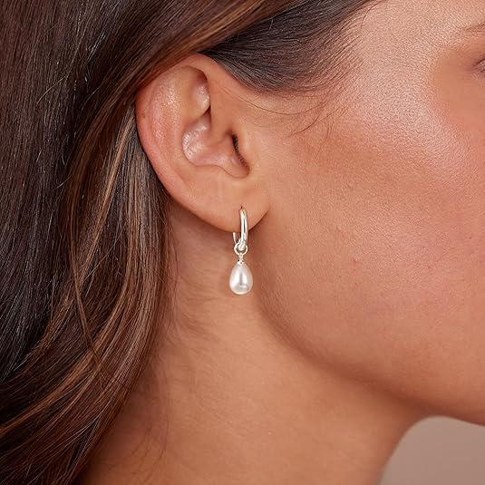 El Regalo Stainless Steel Pearl Drop Hoop Earrings for Women | Small Huggie Hoop Earrings with Pearl Pendant | Waterproof Anti Tarnish Modern Earrings for Girls | Minimalist Cute Jewelry (Silver)
