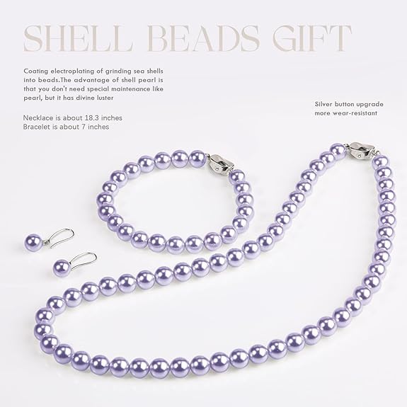 El Regalo Elegant 3-Piece Pearls Jewelry Set Includes Strand Mala, Stunning Bracelet & Dangle Earrings | Premium 8mm Round Shell Pearl Necklace Set for Women | Luxury Party Gifting (Purple)