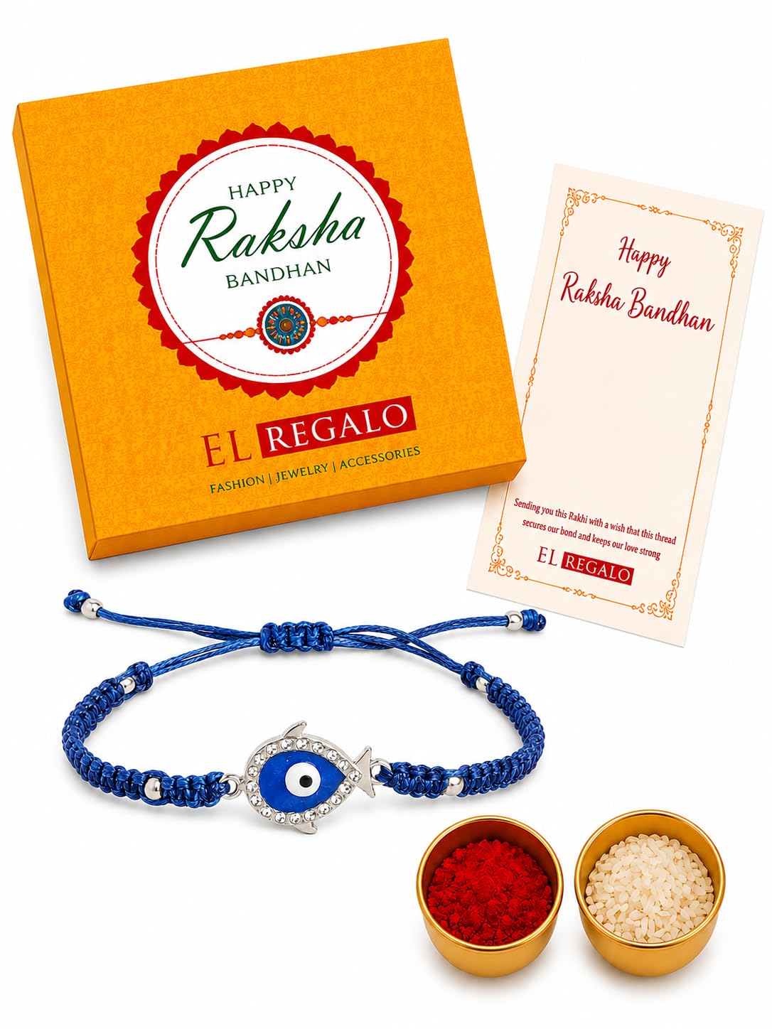 El Regalo 1PC Evil Eye CZ Bracelet Rakhi for Brother with Roli Chawal & Rakhi Message Card - Lucky Protection Rakhi to Avoid Negative Energies for Brother/Sister-in-Law/Niece or Nephew
