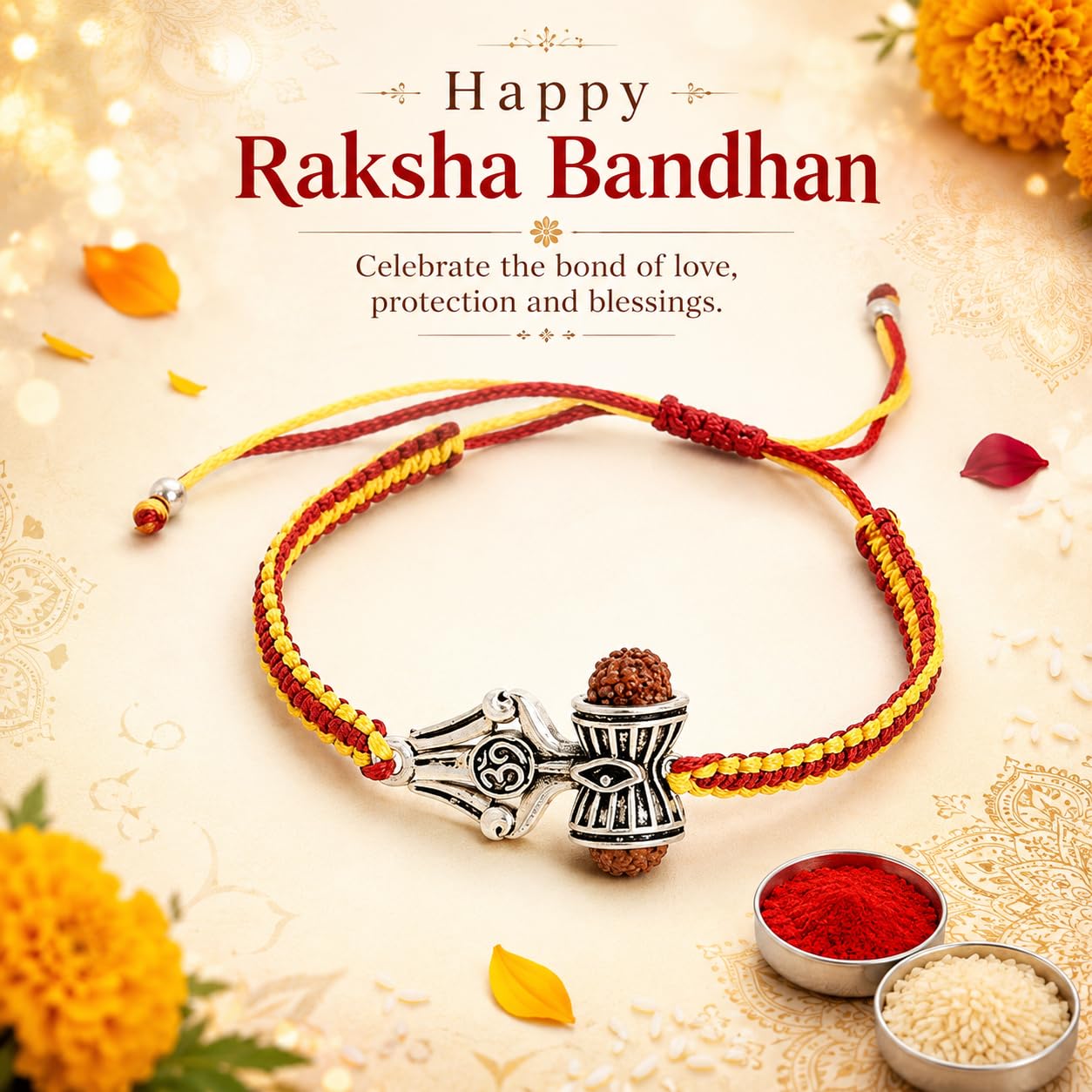 El Regalo 1PC Rudraksha Trident Rakhi for Brother with Roli Chawal, Message Card in Gift Box- OM, Trishul, Damru Rudraksha Rakhi for Bhai/Brother (OM)