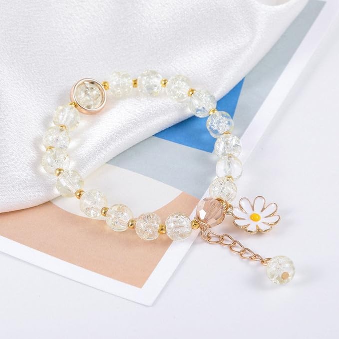 El Regalo 1 PC Dailsy Flower Sparkly Crystal Beads Tassel Bracelet for Girls/Teens/Women- Cute Crackle Beads Daisy Flower Stretch Bracelet (White)