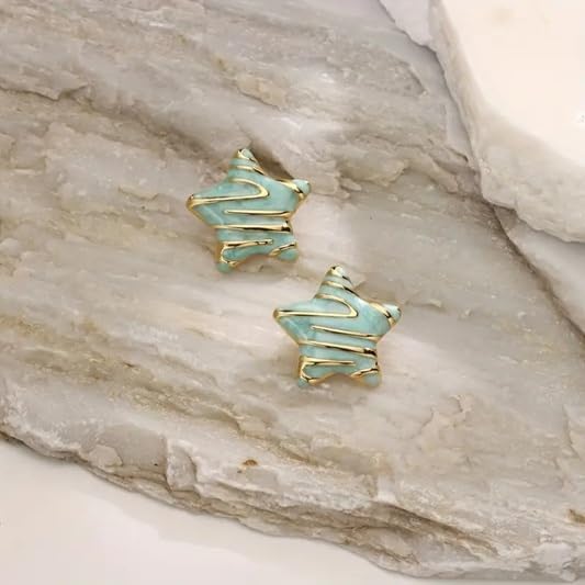 El Regalo Stainless Steel Star Stud Earrings for Girls & Women | Anti-Tarnish Gold Plated Cute Star Shape Enamel Contenporary Fashion Studs Earrings (Turquoise Green)