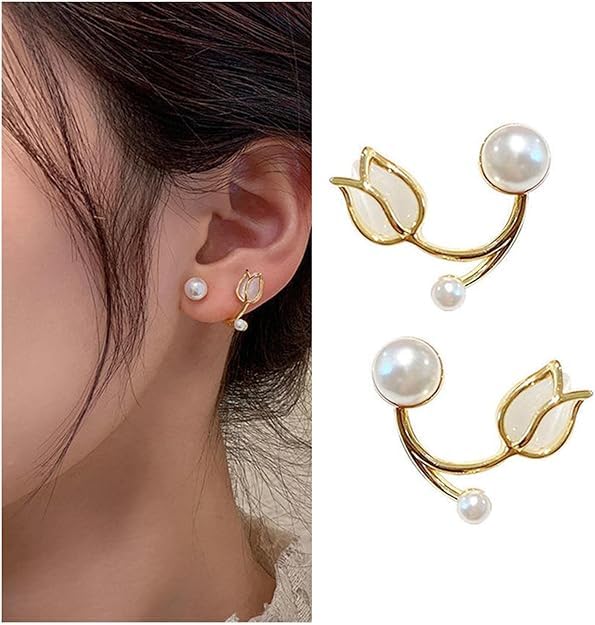 El Regalo Tulip Flower Pearl Cuff Jacket Earrings For Girls Women- Unique French Style Flower Cat's Eye Stone Front Back Climbers Crawler Earrings
