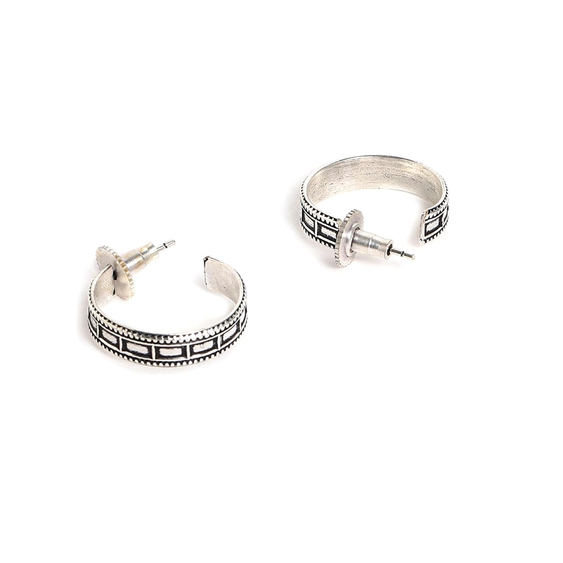El Regalo 2 Pairs Tribal Oxidized Half Hoop Earrings, Huggie Earrings- Hammered Bohemian Oxidized German Silver Baali Earrings (Option-1)