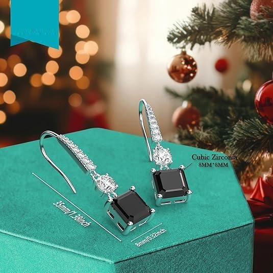 El Regalo Square Princess Cut Cubic Zirconia Dangle Earrings for Women & Girls | Elegant Drop Earrings in Black & Royal Blue Sapphire | 925 Silver Plated CZ Statement Earrings (Black)