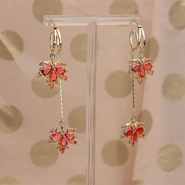 El Regalo Gold Open Hoop Fall Maple Leaf Dangle Earrings - Elegant Sparkling Crystal Cubic Zirconia Rhinestone Earrings for Women