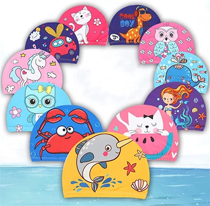 El Regalo 2 PCs Swim Cap Kids/Toddlers, Comfortable Breathable Polyester Fabric Swimming Caps Cute Cartoon Dolphin, Shark, Owl, Mermaid Fairy, Unicorn, Giraffe Swim Caps (Pink Kitty & Dinasour)