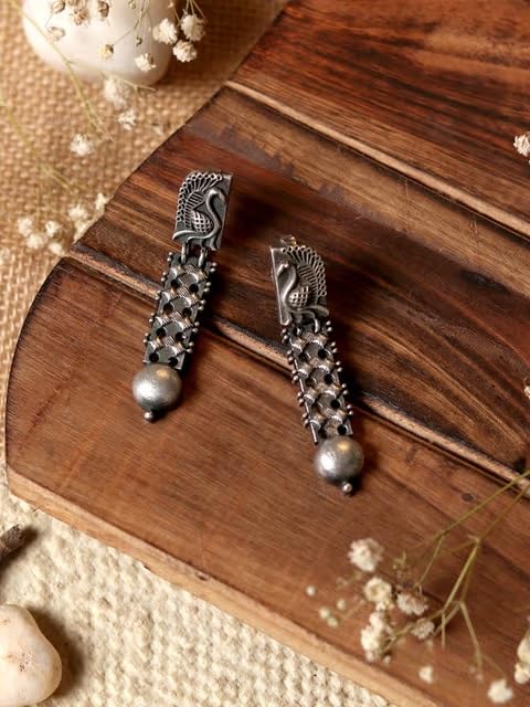 El Regalo Womens Silver Lookalike Brass Oxidised Peacock Studs Earrings- Indo Western Peacock Oxidized Earrings
