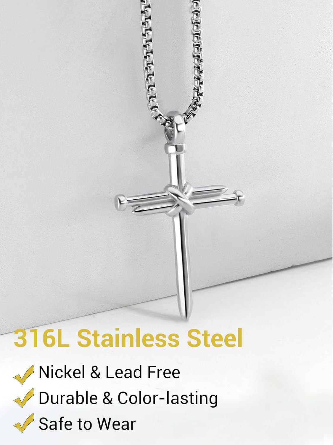 PIYIZ Cross Chain for Men Stainless Steel Nail Cross Pendant Necklace Teens Silver Christian Jewelry Jesus Cross Necklace 22""+2 Inch Extender, Medium, PIYN23007G
