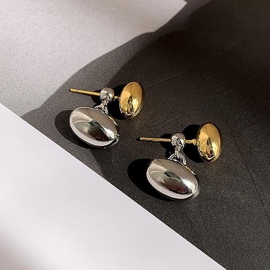 El Regalo Tiny Two Tone Teardrop Stud Earrings for Girls & Women- 2-in-1 Gold Silver Front Back Oval Bean Dangle Earrings