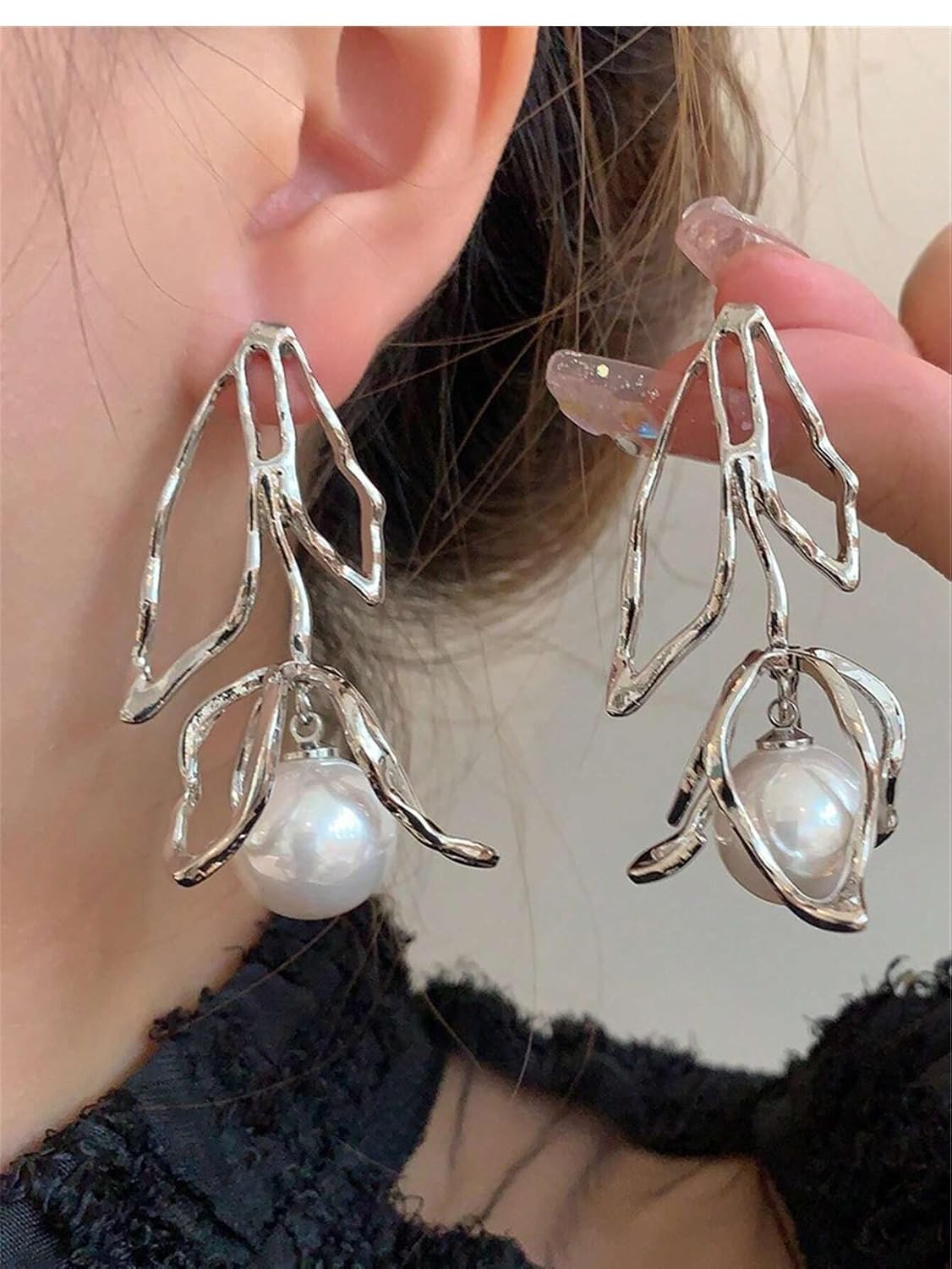 El Regalo Exaggerated Irregular Pearl Statement Earrings- Striking European Design, Lightweight Leaf Pattern Earrings with Dangling Pearls