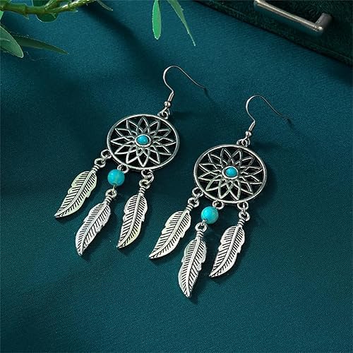 El Regalo Vintage Dream Catcher Feather Earrings Necklace for Girls/Women- Turquoise Bohemian Ethnic Fringe Tassel Dangle Jewelery Set