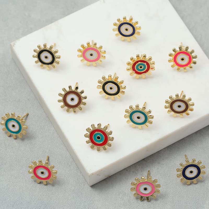 El Regalo 2 Pairs Evil Eye Enameled Post Back Stud Earrings for Girls & Women- Cute & Colorful Turkish Lucky Evil Eye Studs (Evil Eye Studs Option-2)