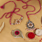 El Regalo Designer Bhaiya- Bhabhi Rakhi Luma/Lumba Set- Kundan, Pearls Rakhi with Roli Chawal in Gift Box- Luma Convertible into Necklace (Option-7)