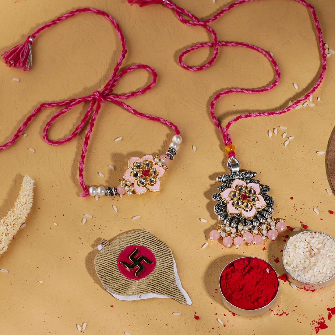 El Regalo Designer Bhaiya- Bhabhi Rakhi Luma/Lumba Set- Kundan, Pearls Rakhi with Roli Chawal in Gift Box- Luma Convertible into Necklace (Option-7)