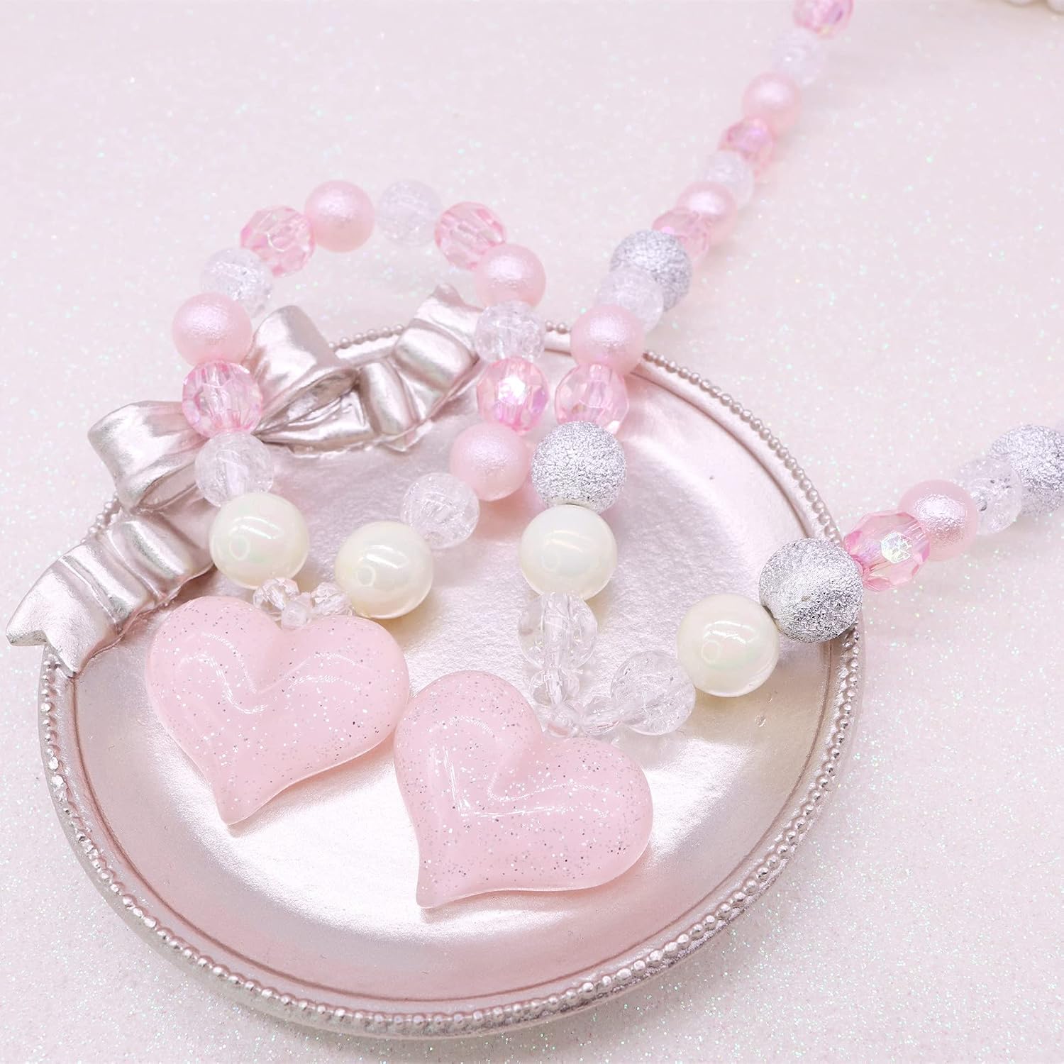 El Regalo 2 PC Girls Kids Shiny Pink Heart Resin & Acrylic Beads Jewelry Sets | Colorful Princess Heart Beaded Necklace & Bracelet Sets, Princess Necklace Bracelet Set for Toddlers/Girls/Kids