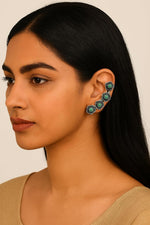 El Regalo Traditional Oxidized German Silver Non Pierced Floral Cuff Earrings for Women (Green Flower)