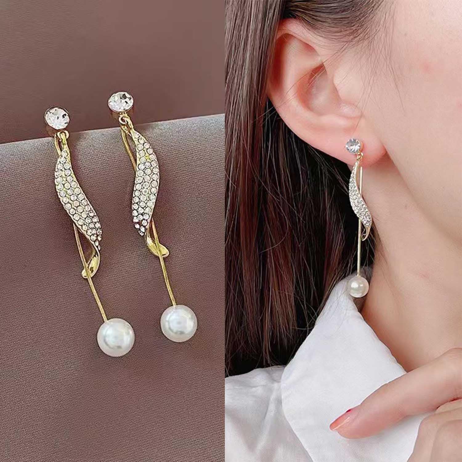 El Regalo Fancy Pearl Earrings- Pearl Zircon Inlaid Dangle Earrings for Girls & Women- Pearl Tassel Long Earrings (Pearl Tassel Ear Jacket)