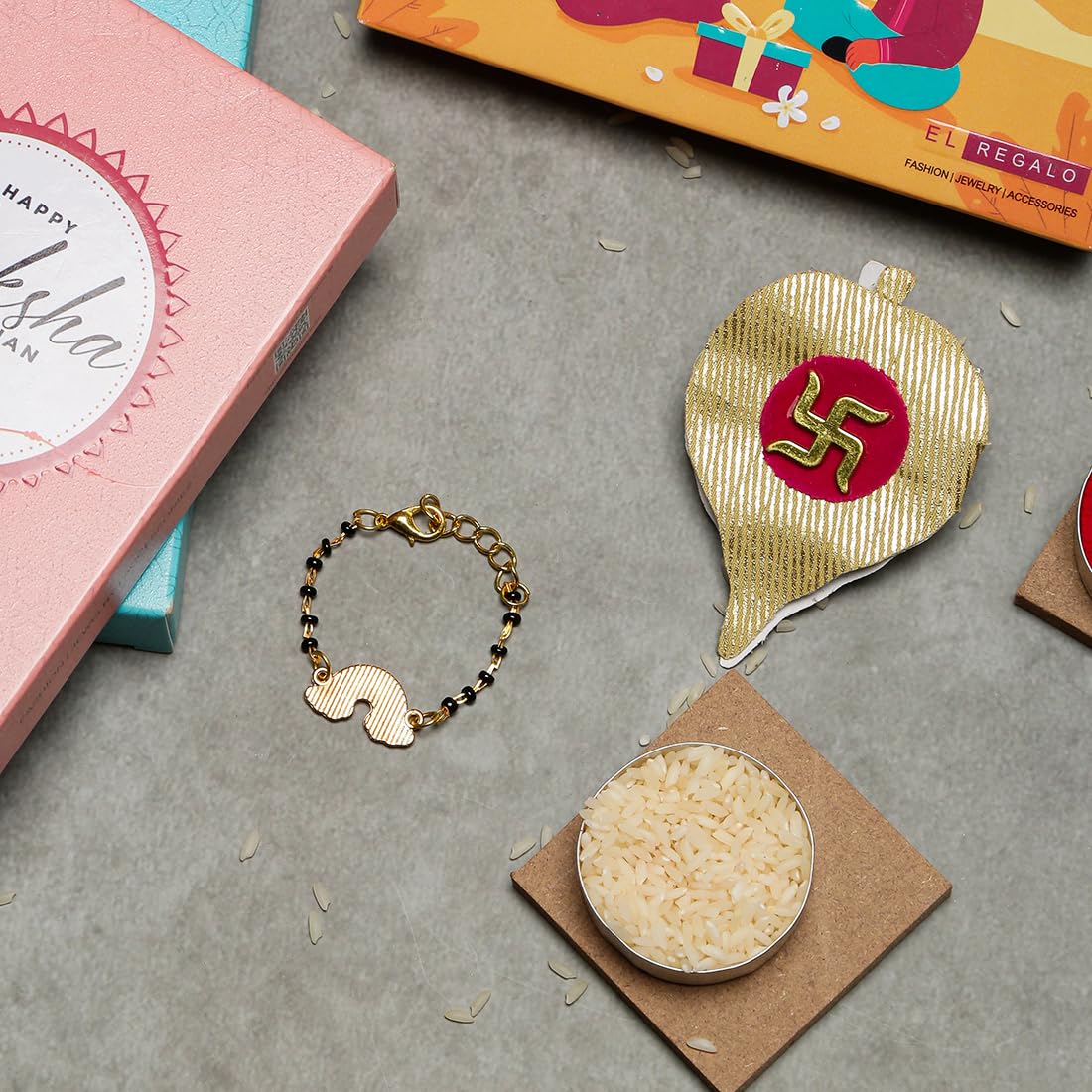 El Regalo 1PC Cute Kids Nazaria Rakhi for Little Brother - Kids Chrams Nazaria Rakhis for Babies/Toddlers with Roli Chawal, Rakhi Message Card in Rakhi Gift Box (Rainbow Nazaria Rakhi)