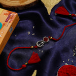 El Regalo Auspicious Shiva Trishool Red Stone Designer Thread Rakhi for Brother- Antique Trident Rakhi with Roli Chawal Shagun, Message Card in Rakshabandhan Gift Box