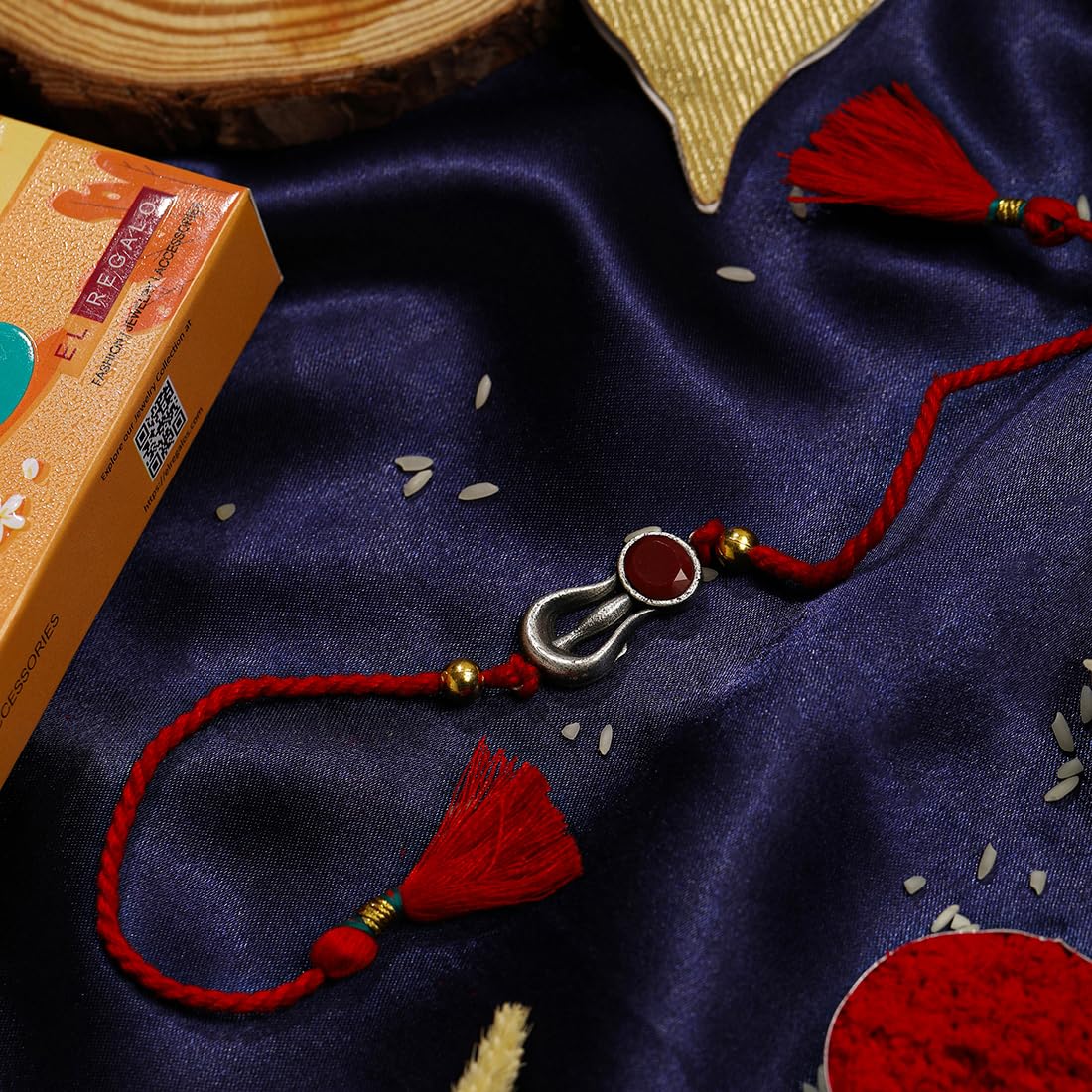 El Regalo Auspicious Shiva Trishool Red Stone Designer Thread Rakhi for Brother- Antique Trident Rakhi with Roli Chawal Shagun, Message Card in Rakshabandhan Gift Box