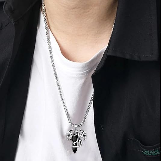 El Regalo Goth Gothic Viking Dragon Crystal Pendant Necklace for Men & Boys | Dragon Wing Necklace | Punk Biker Fantasy Statement Jewelry (Black)