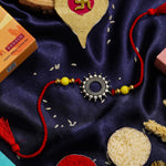 El Regalo 1PC Designer Red Thread Antique Stone Rakhi for Brother- Minimalist Antique Charm Rakhi with Roli Chawal, Rakhi Message Card in Rakhi Gift Box (Red Green)
