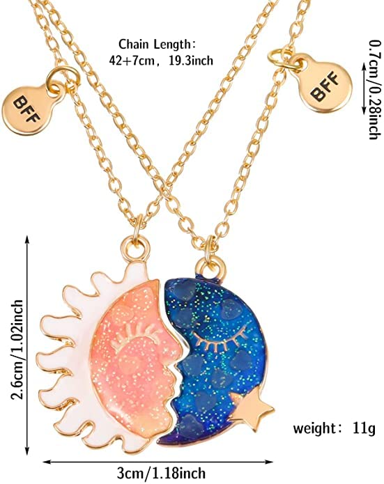 El Regalo Set of 2-Luminous Magnet Necklace-Sun Moon Star Magnetic pattern -Friendship theme for 2-Glow In The Dark-Partners-BFF Gift For girls