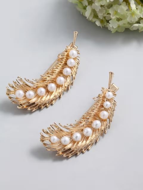 El Regalo 2PCs Pearl Feather Fancy Hair Clips - Golden Wing Feather Alligator Clips for Girs & Women- Bridal/Wedding Party Hair Accessories