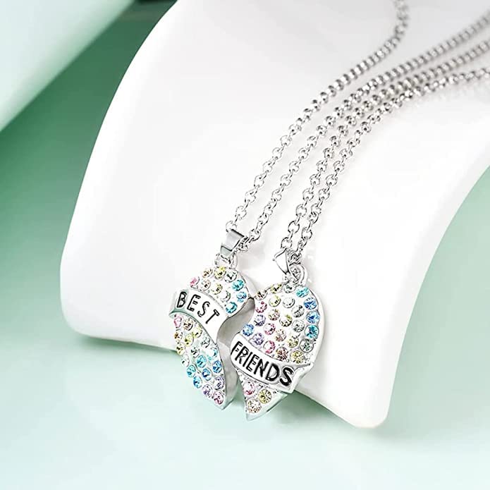 El Regalo Girls 2 Pcs Best Friends Rainbow Stones Heart Matching Pendant Necklaces For Besties/BFF/Soul Sisters