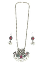 El Regalo Elegant Oxidized Designer Indian Ethnic Stones Necklace & Earrings Jewelry Set in Silver Finish (Ruby Red)