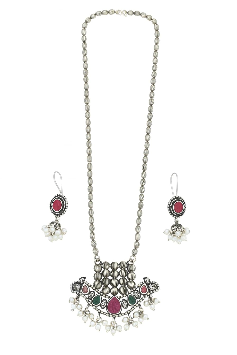 El Regalo Elegant Oxidized Designer Indian Ethnic Stones Necklace & Earrings Jewelry Set in Silver Finish (Ruby Red)