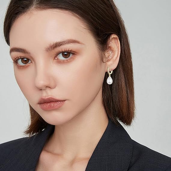 El Regalo Minimalist CZ Pearl Drop Earrings for Women | Korean Style Dangle Hoop Earrings | Gold & Silver Plated Cubic Zirconia Pearl Earrings | Elegant Daily Fashion Jewellery for Girls (Silver- Drop)
