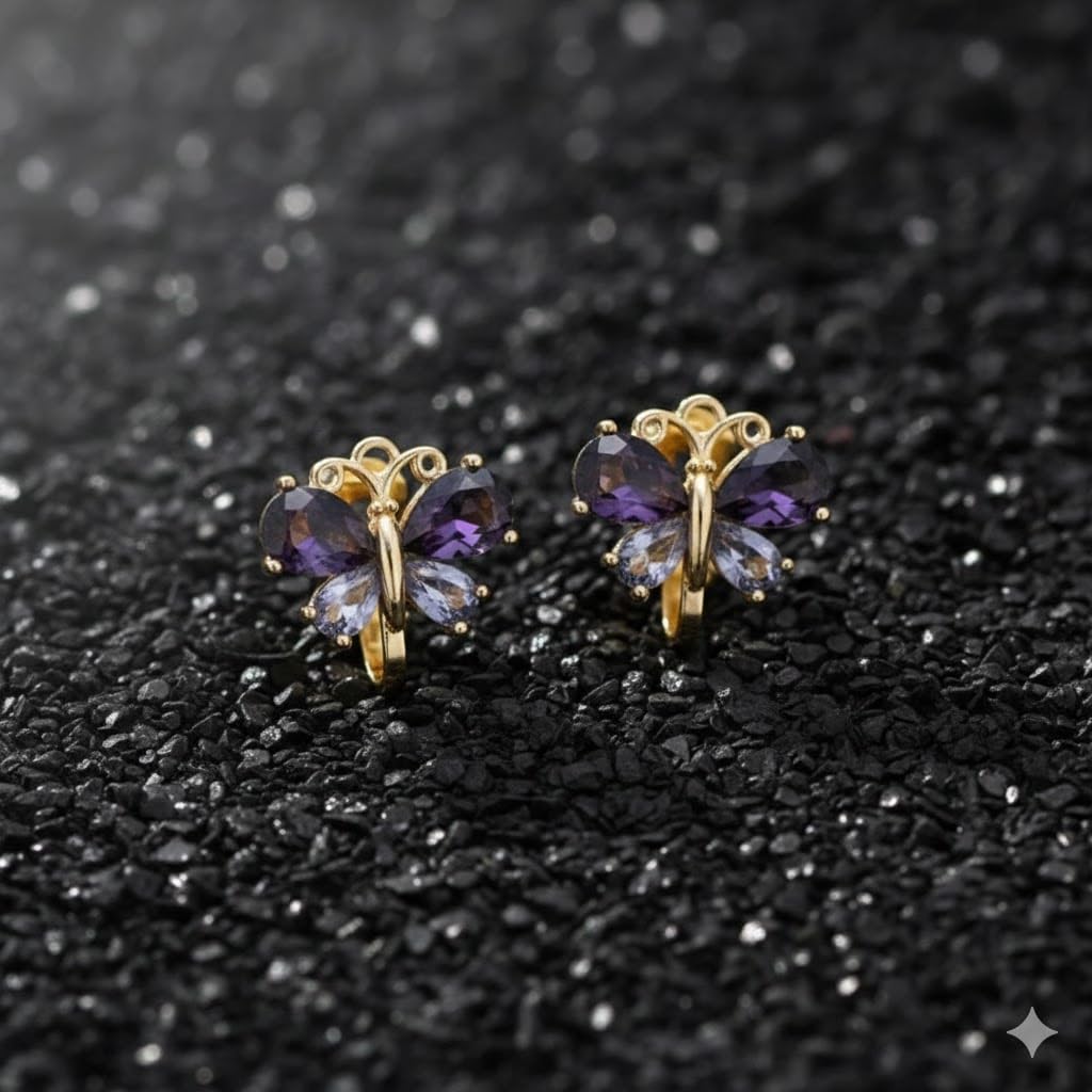 El Regalo Colorful Butterfly Non-Pierced Clip On Earrings for Girls/Women- Cute Non-Pierced Ear Clip Earrings | Enamel Blue/Purple Crystal Earrings (Purple Crystal Butterfly)