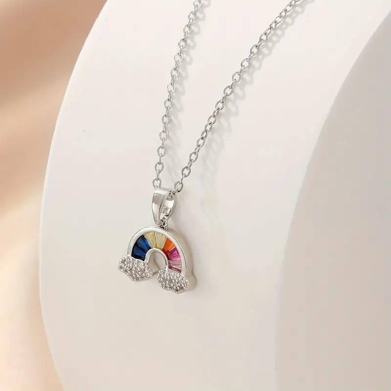 El Regalo Titanium Steel Cubic Zirconia Rainbow Necklace for Kids/Girls/Women- Anti Tarnish, Waterproof, Classy Rainbow Necklace- Gift for Girls