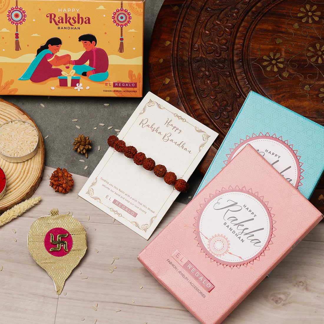 El Regalo Auspicious Natural Rudraksha Rakhi for Brother- Lord Shiva Rudraksha Beads Rakhi with Roli Chawal, Rakhi Message Card in Rakhi Gift Box