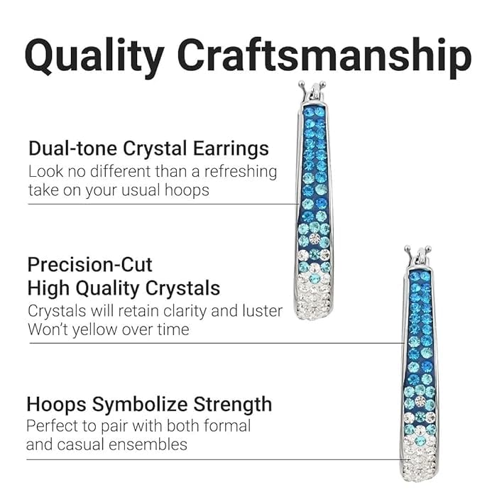 El Regalo Elegant Oval Crystal Hoop Earrings for Girls & Women- Silver Plated Sparkle Bling CZ Inside Out Earrings (Gradient Blue)