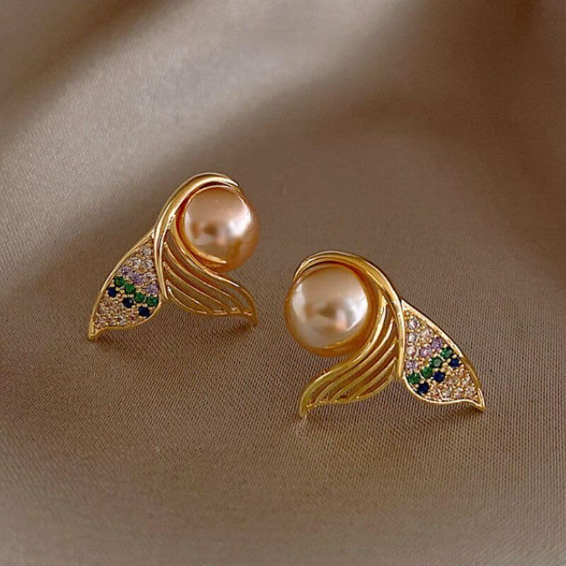 El Regalo Cute Mermaid Tail Pearl Stud Earrings for Women Girls- Cubic Zirconia Hypoallergenic Small Fish Fin Stud Earrings