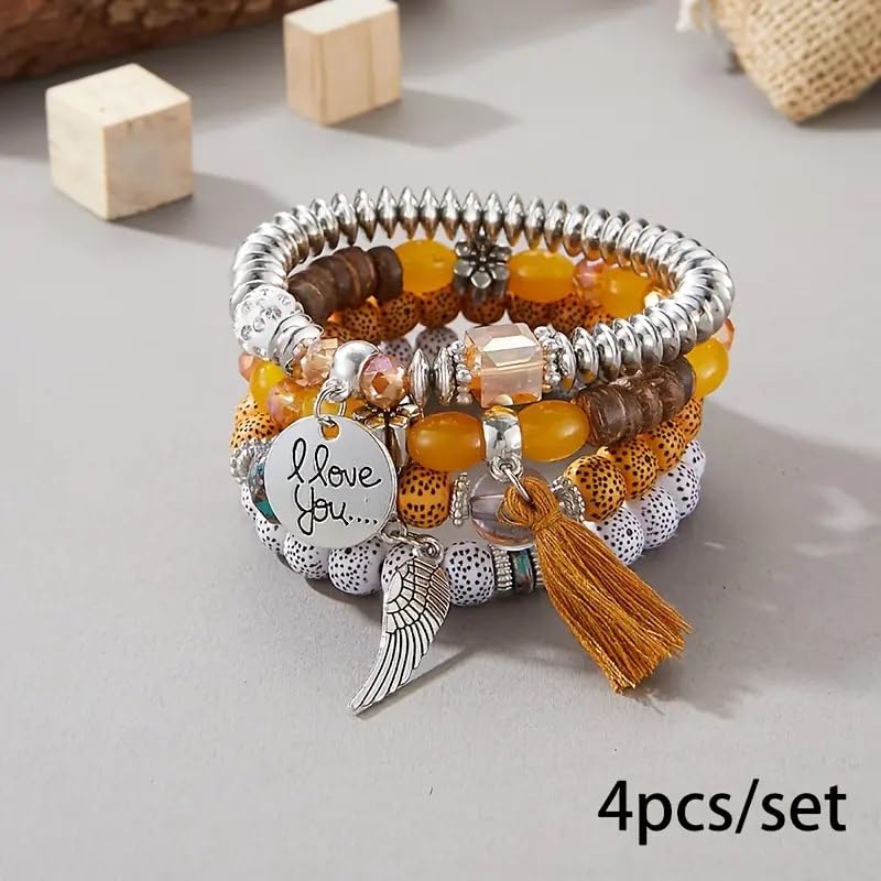 El Regalo 4Pcs/Set Vintage Bohemia Style Wing Beads Tassel Unisex Bracelet - Stackable Multi-layer Modern Charm Bracelets with Wings and I Love You Charms Bracelets (Musturd Yellow)