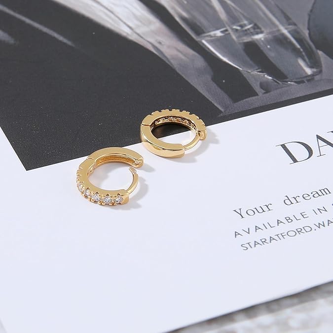 El Regalo 3 Pairs Dainty 14K Gold Plated Huggie Hoop Earrings - Small CZ Hoop Earrings Set (8mm, 10mm, 12mm) for Women & Girls, Cartilage & Tragus Earrings