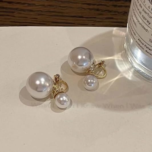 El Regalo Gold Plated Double Pearl Clip On Earrings for Women | Non Pierced Front Back Ear Cuffs | Vintage Geometric Dangle Ear Clips | Elegant Party Jewelry for Girls & Women